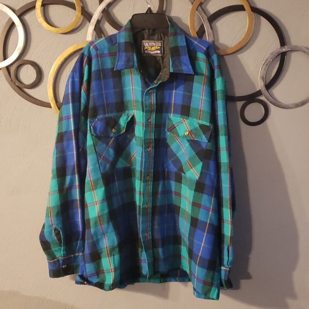 Backpacker Men's Blue Green Plaid Button-Down Top Size L